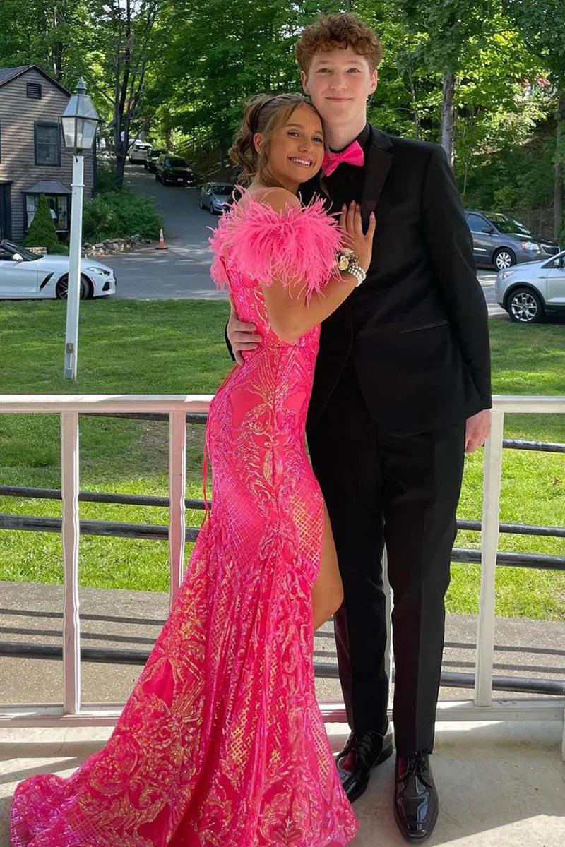 Sweetheart Sheath Prom Dress Sleeveless Slit Feather Evening Dress with Train