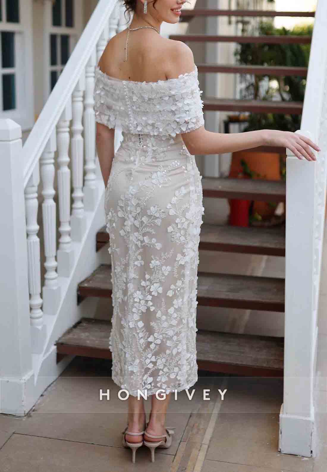 Tea-Length Off the Shoulder Floral Special Design Lace Wedding Engagement Dress