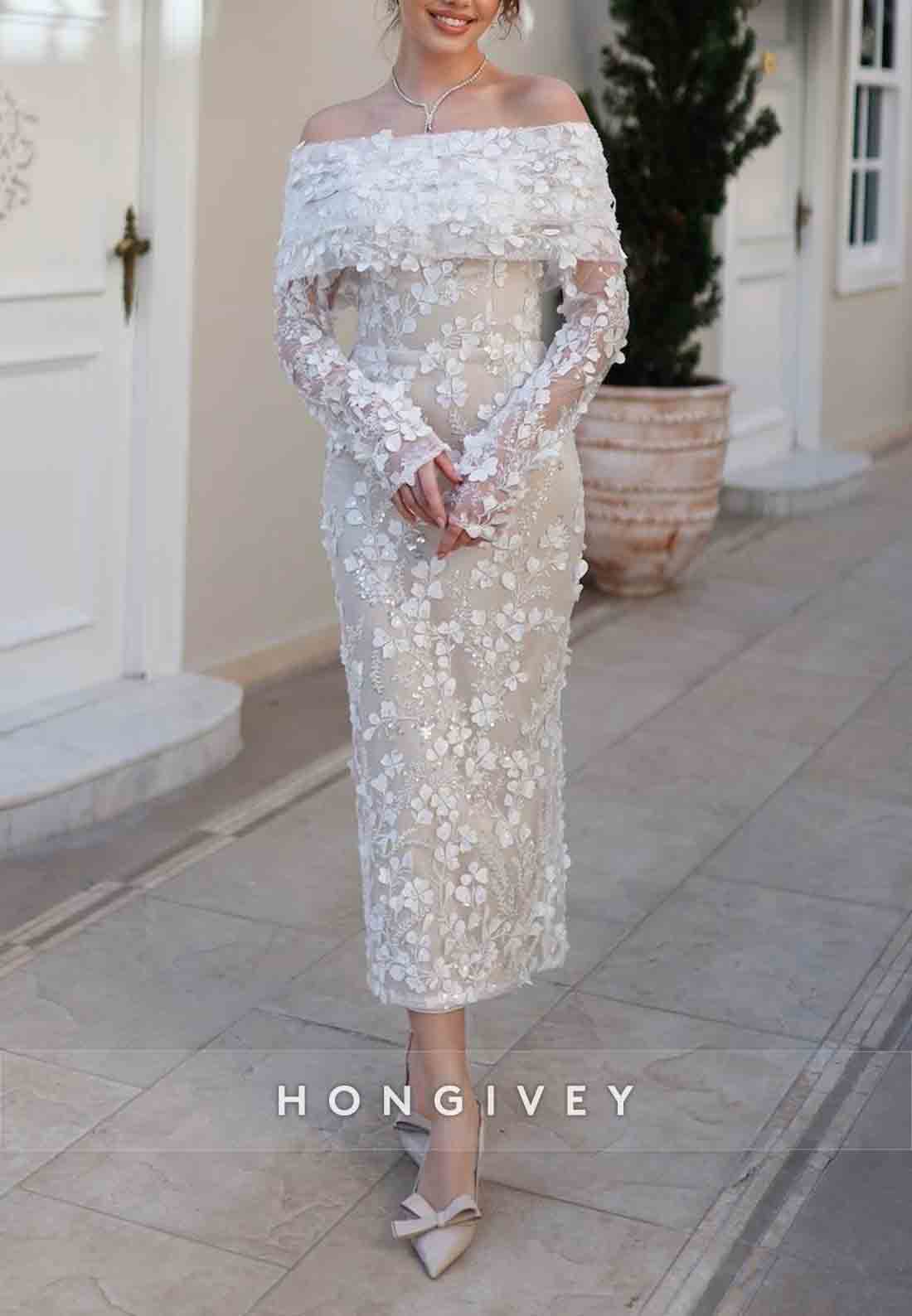Tea-Length Off the Shoulder Floral Special Design Lace Wedding Engagement Dress