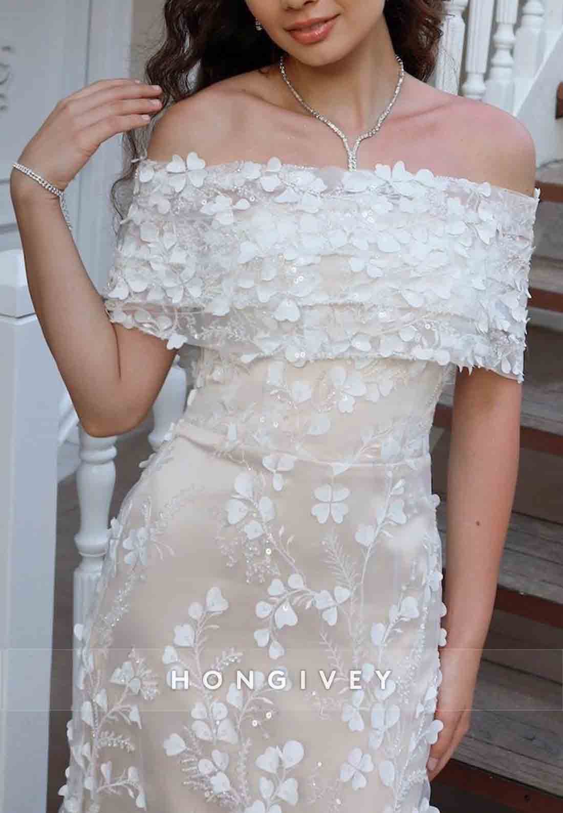 Tea-Length Off the Shoulder Floral Special Design Lace Wedding Engagement Dress