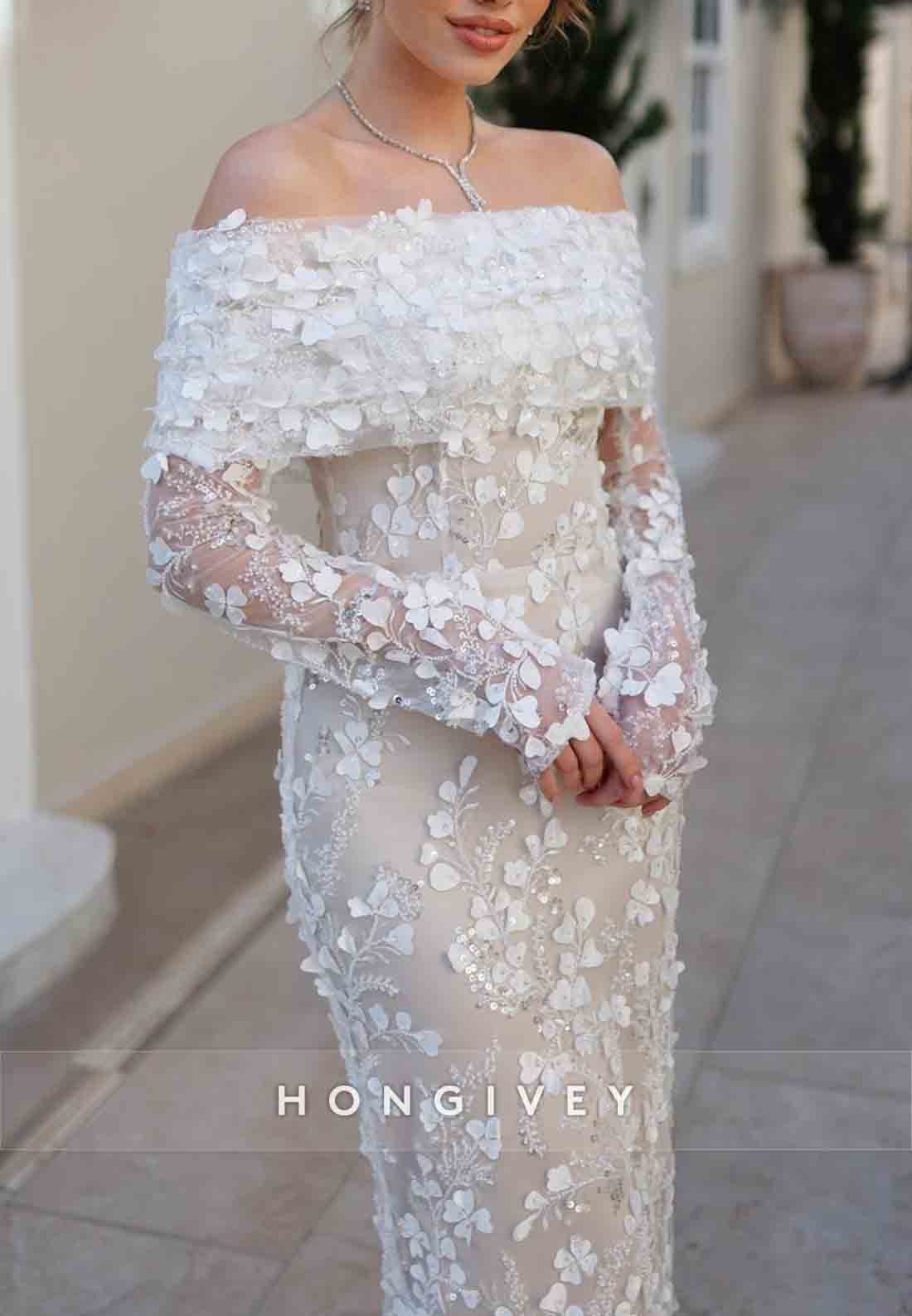 Tea-Length Off the Shoulder Floral Special Design Lace Wedding Engagement Dress
