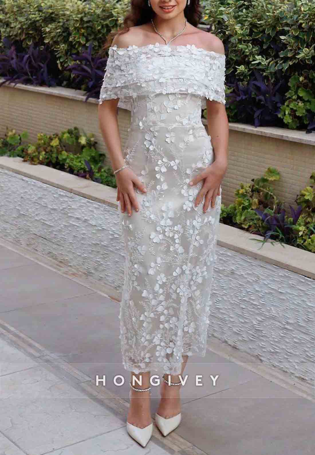 Tea-Length Off the Shoulder Floral Special Design Lace Wedding Engagement Dress