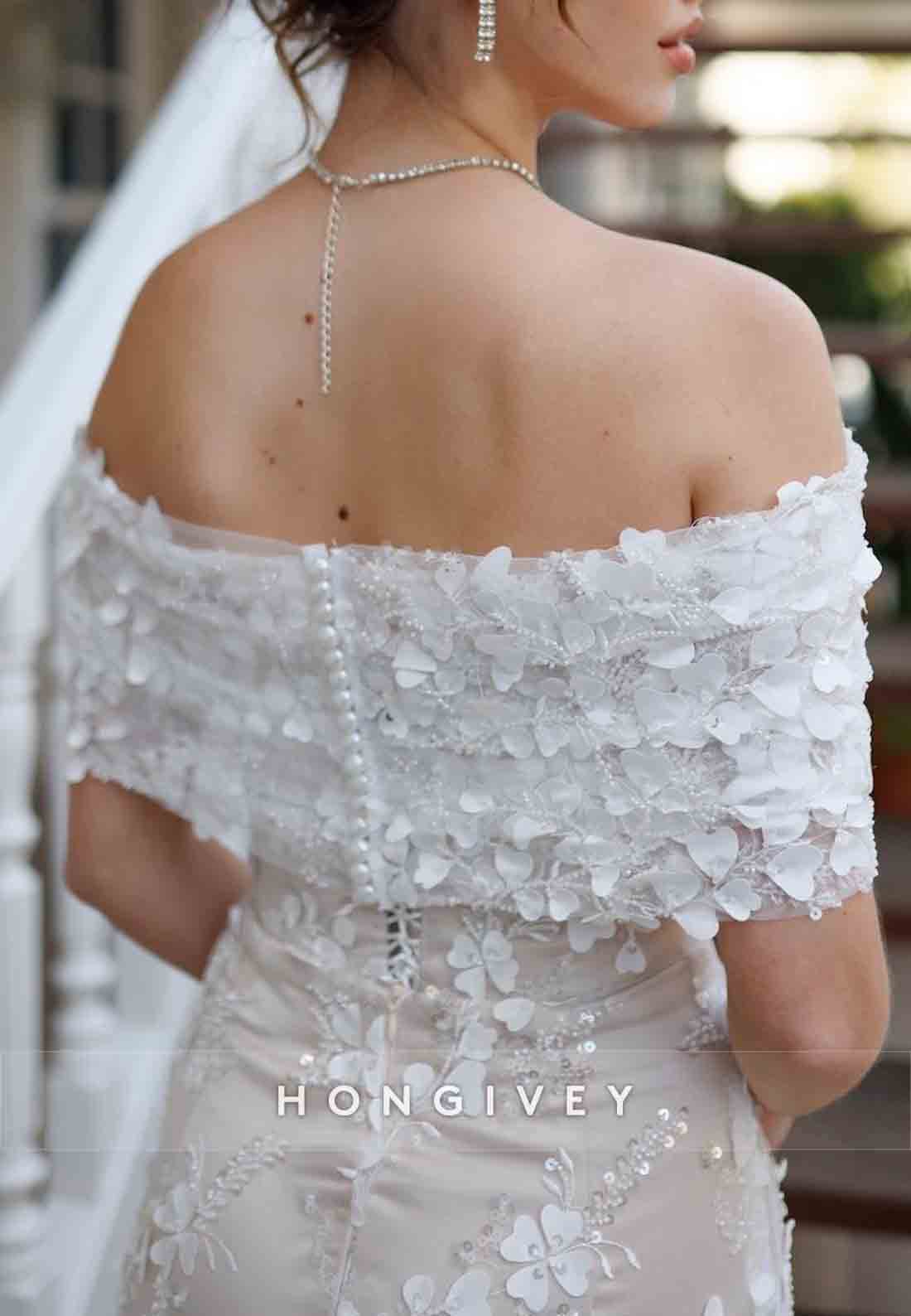 Tea-Length Off the Shoulder Floral Special Design Lace Wedding Engagement Dress