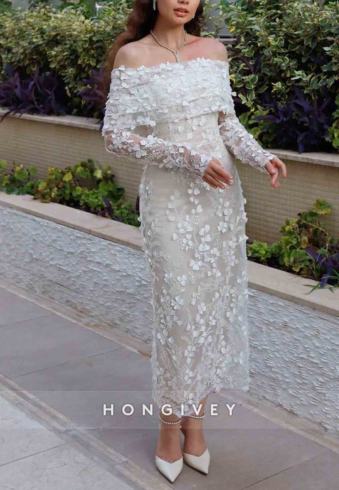 Tea-Length Off the Shoulder Floral Special Design Lace Wedding Engagement Dress