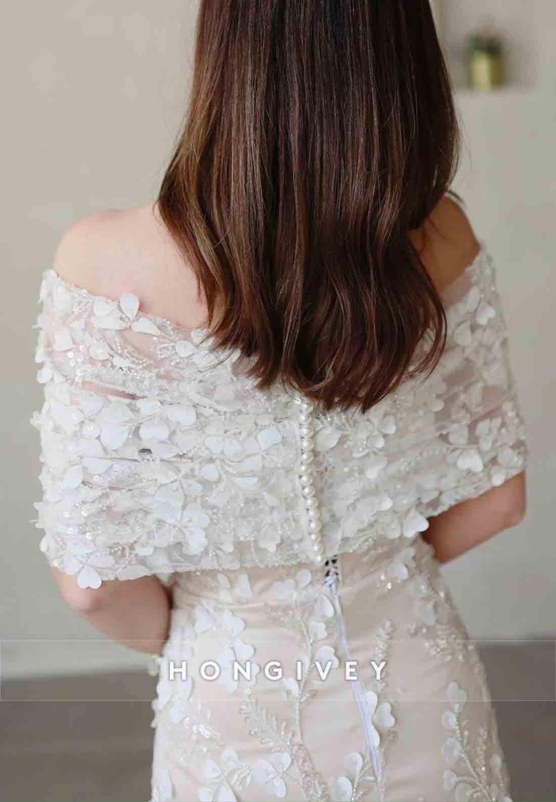 Tea-Length Off the Shoulder Floral Special Design Lace Wedding Engagement Dress