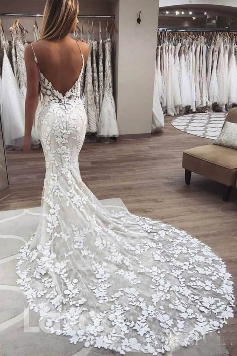 Spaghetti Straps Lace Wedding Dress for Women V-neck Mermaid Bridal Gown - Fashionpara