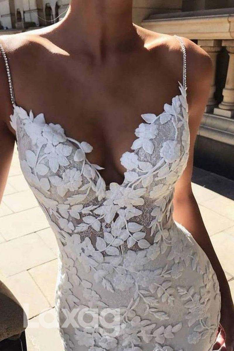 Spaghetti Straps Lace Wedding Dress for Women V-neck Mermaid Bridal Gown - Fashionpara
