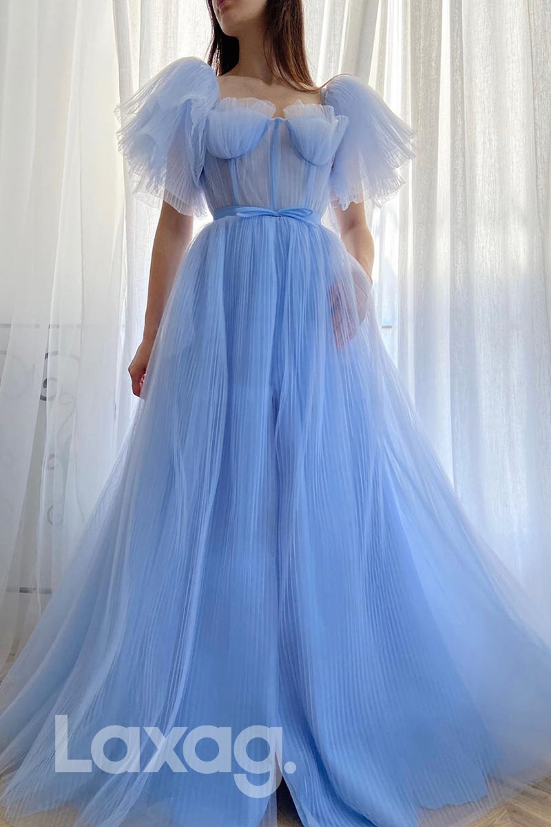 Light Blue Tulle Short Sleeves A-line Formal Dress with Pockets - Fashionpara