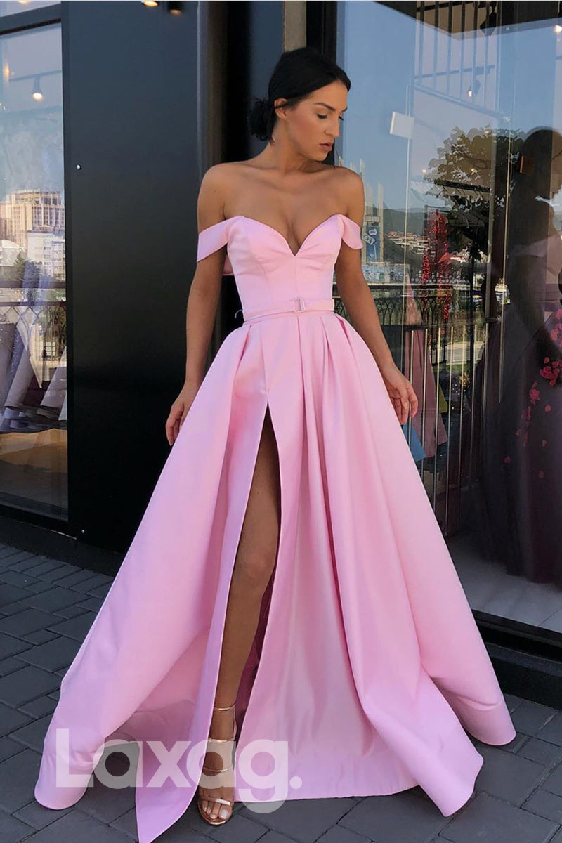 Off the Shoulder Satin High Split Prom Dress - Fashionpara