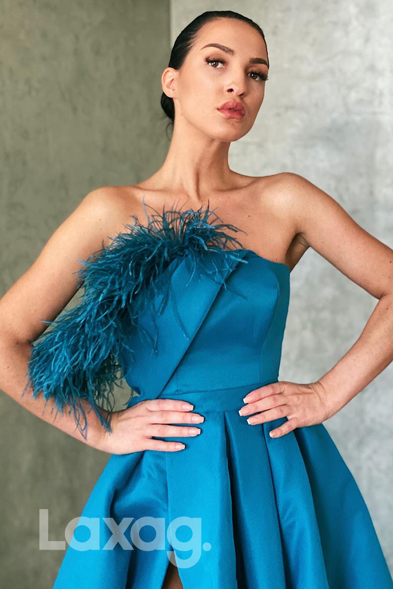 Chic Feathers Blue Satin High Split Formal Dress - Fashionpara
