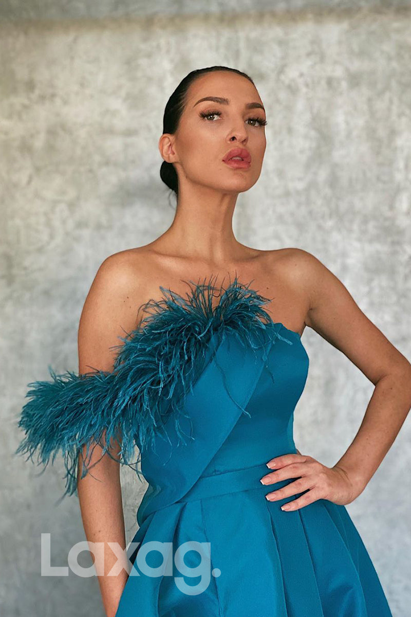 Chic Feathers Blue Satin High Split Formal Dress - Fashionpara