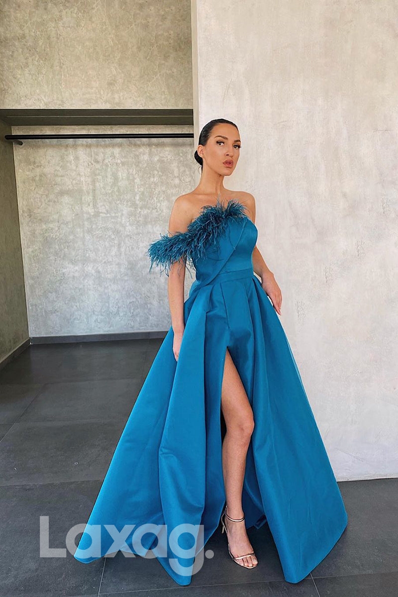 Chic Feathers Blue Satin High Split Formal Dress - Fashionpara