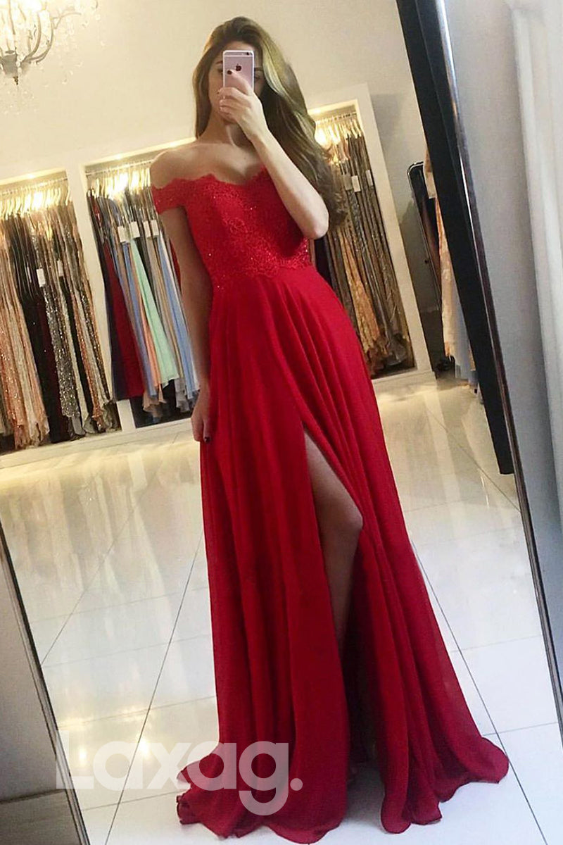 Off the Shoulder High Split A-line Formal Dress - Fashionpara