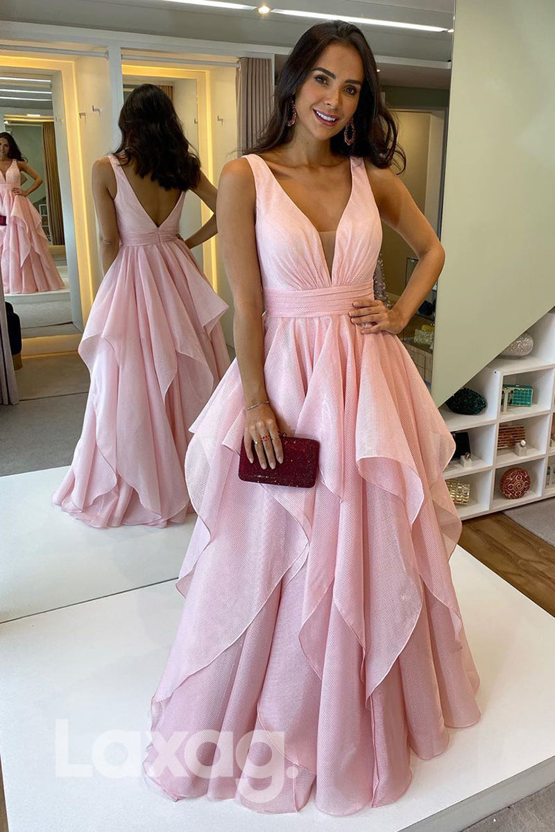 Plunging V-neck Pink Dress Formal Gown - Fashionpara