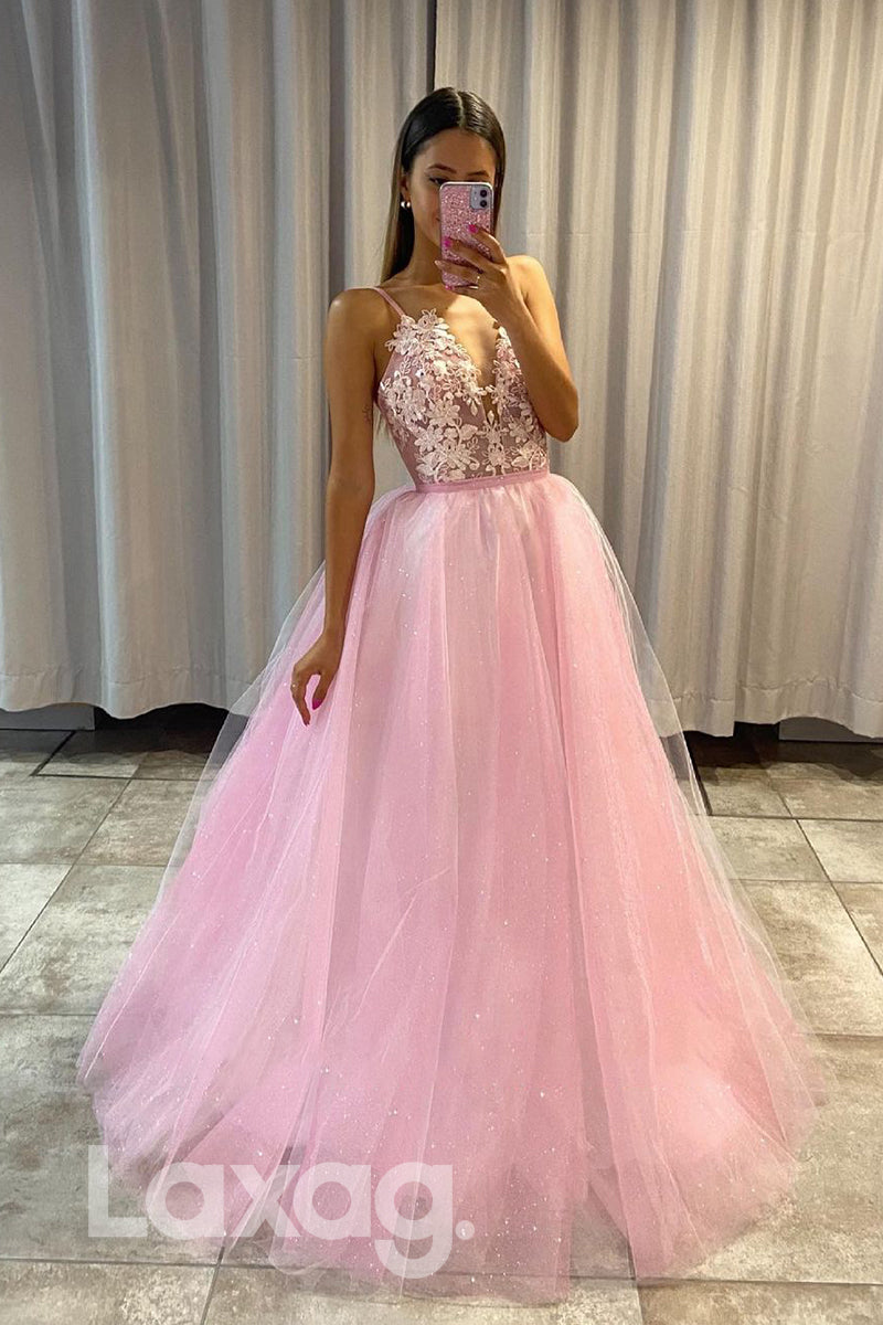 Floral Appliqued Illusion Cutout Tiered Sleeveless Straps Tulle Gown - Fashionpara