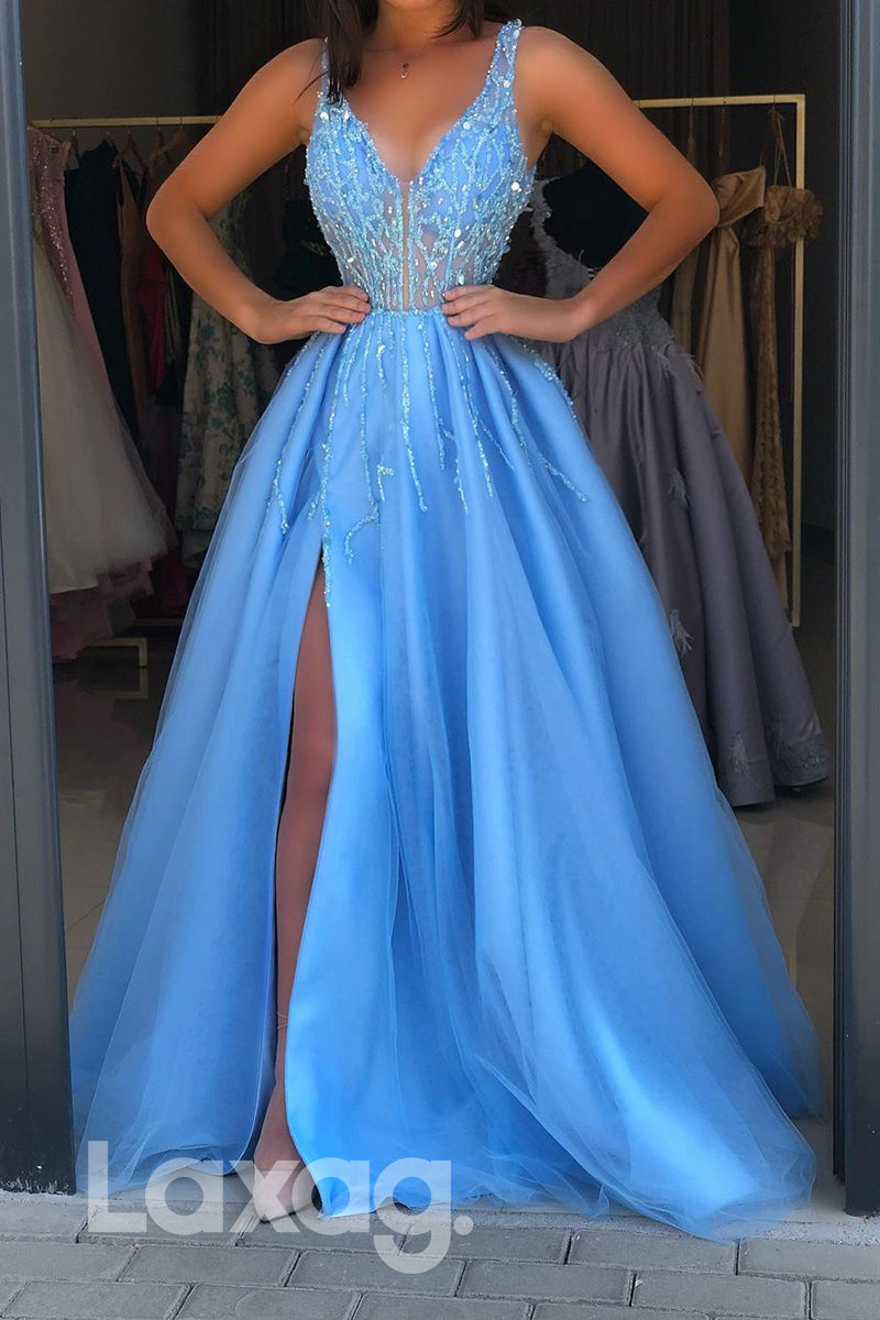 Illusion Cutout Beaded Sleeveless Sexy A-Line Sheer Ballgown - Fashionpara