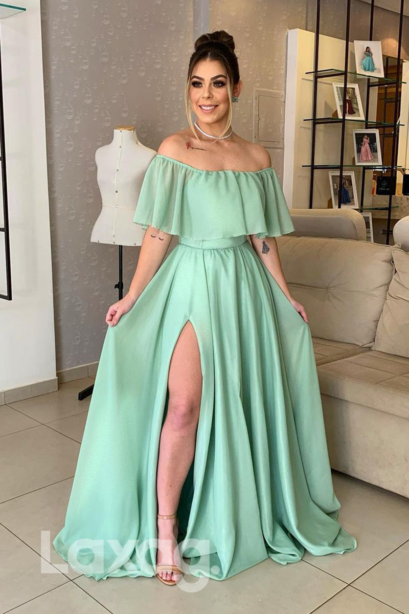 Ruffled Cap Sleeve Off-Shoulder Chiffon A-Line Dress - Fashionpara