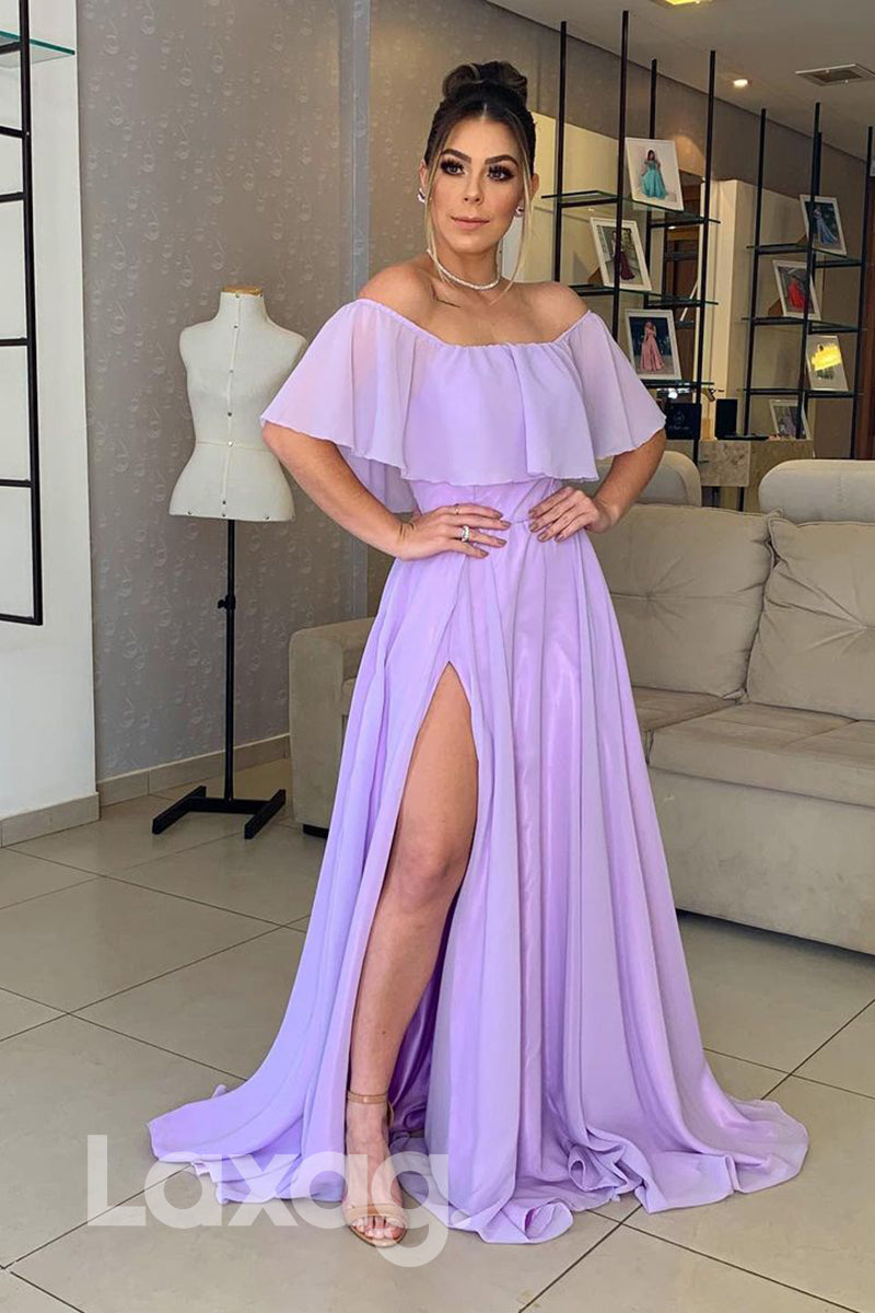 Ruffled Cap Sleeve Off-Shoulder Chiffon A-Line Dress - Fashionpara