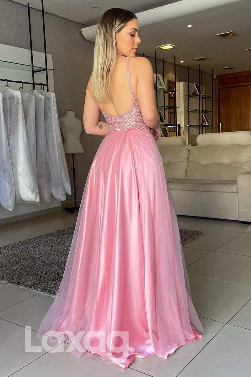 Illusion Plunging V-Neck Special Occasion A-Line Backless Gown - Fashionpara