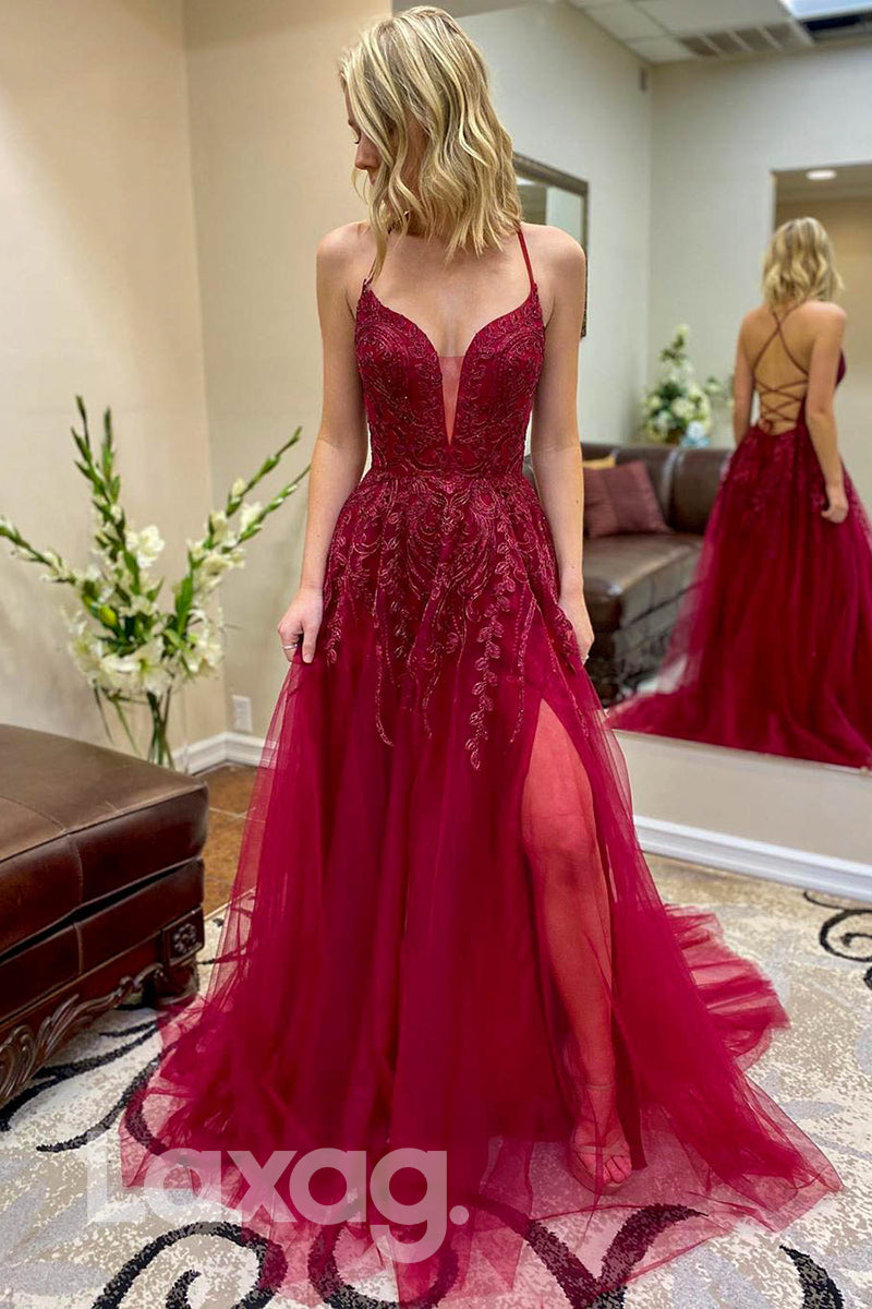 Plunging Illusion Straps Tiered A-Line Gown With Corset - Fashionpara