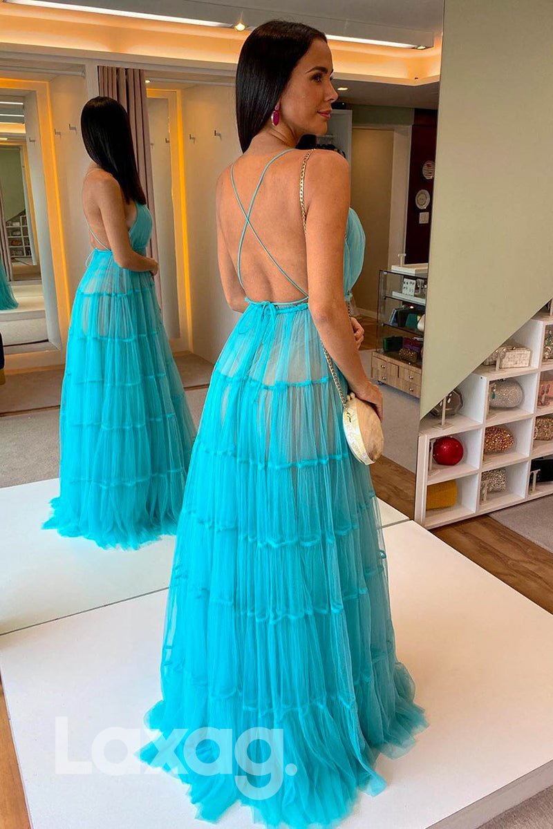 Plunging Sleeveless Crisscross Open Back Tulle Gown - Fashionpara