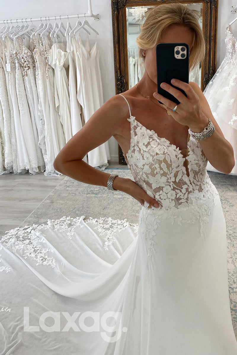 12514 - Spaghetti Appliqued Chiffon Bridal Wedding Dress With Train