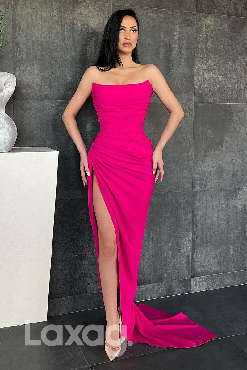 20782 - Strapless Pleats High Split Simple Prom Dress|LAXAG