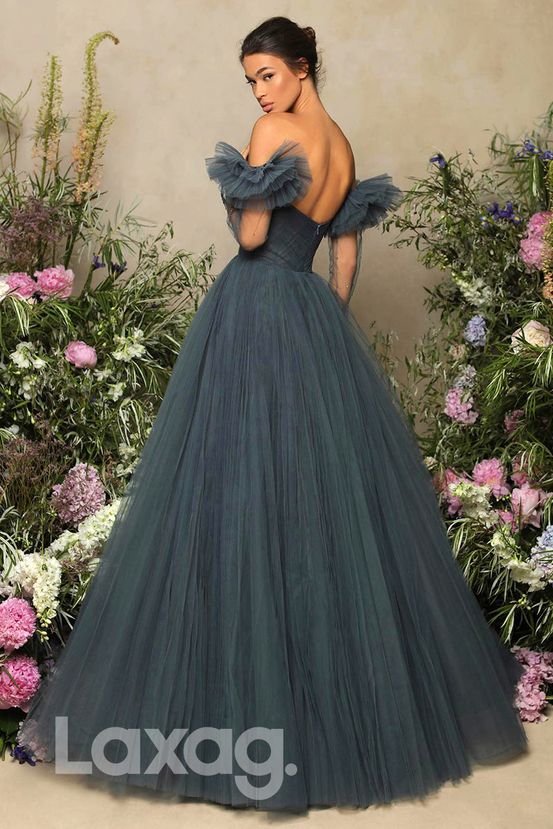 20792 - Off the Shoulder Pleats Long Sleeves Prom Dress