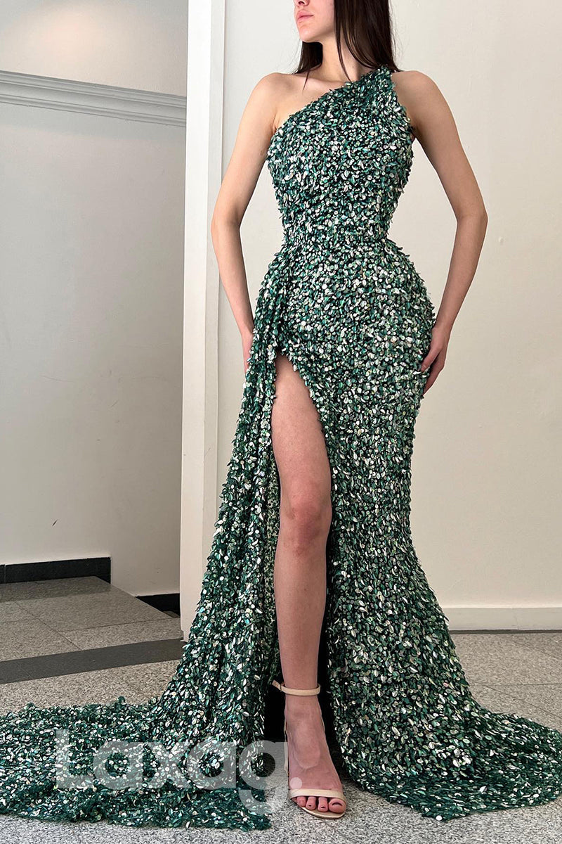 20706 - One Shoulder Sequins Thigh Slit Prom Dress Sweep Train