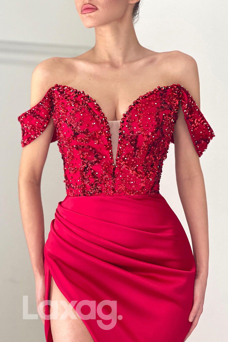 20709 - Off Shoulder Beaded Top Prom Dress with Slit