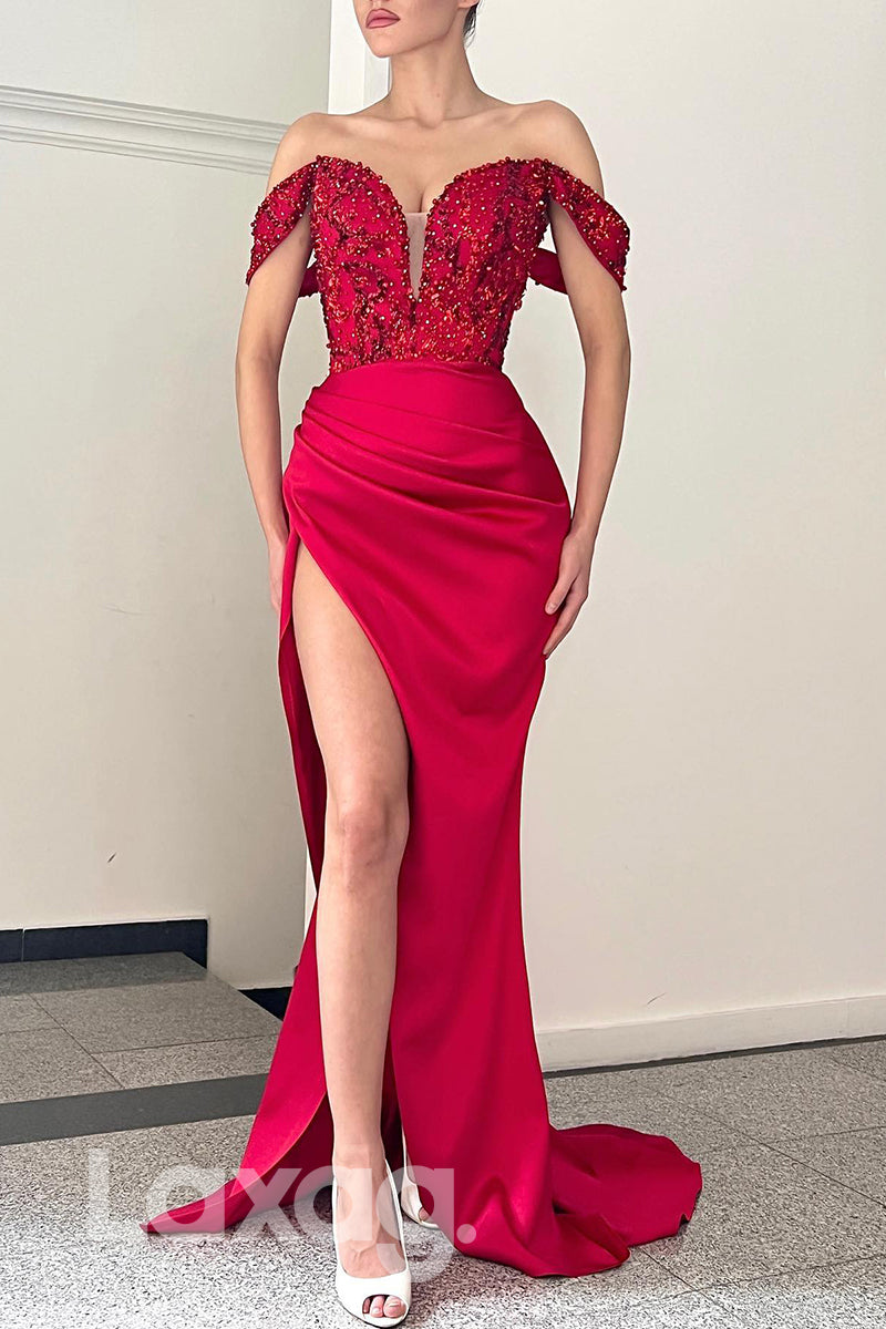 20709 - Off Shoulder Beaded Top Prom Dress with Slit