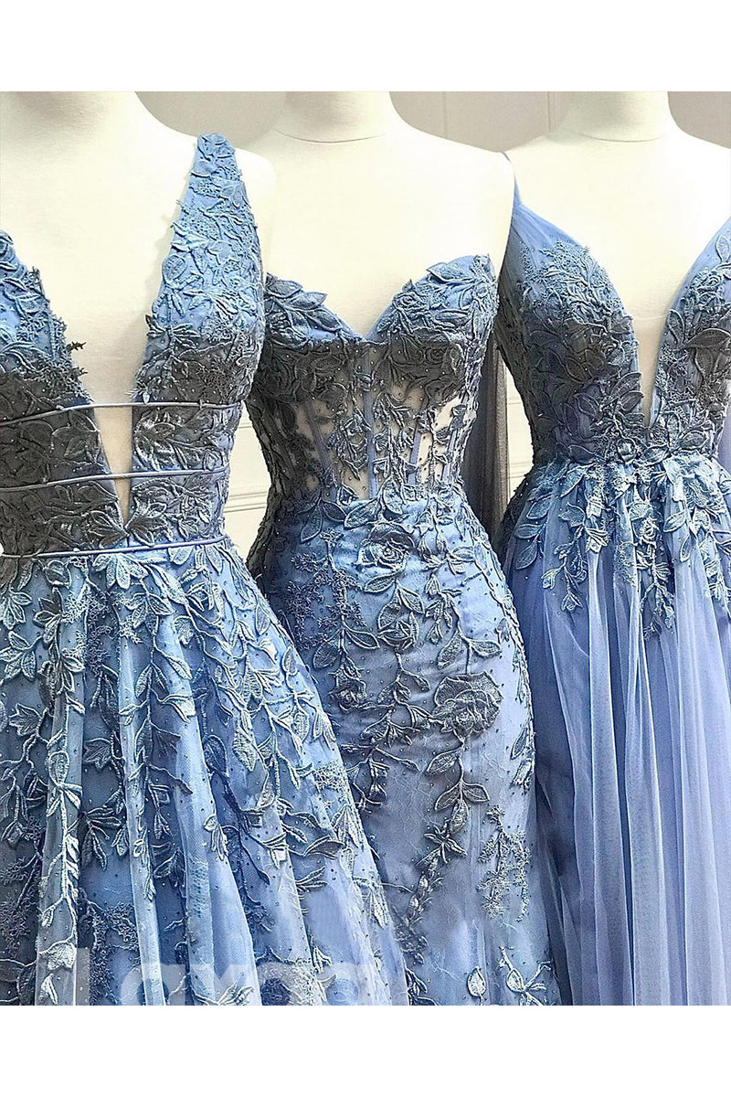 20719 - A-line Deep V-Neck Lace Appliques Lilac Prom Dress Long