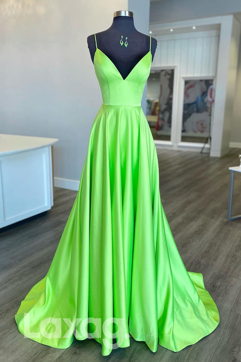20758 - Plunging V-Neck Satin Simple Prom Dress with Pockets|LAXAG