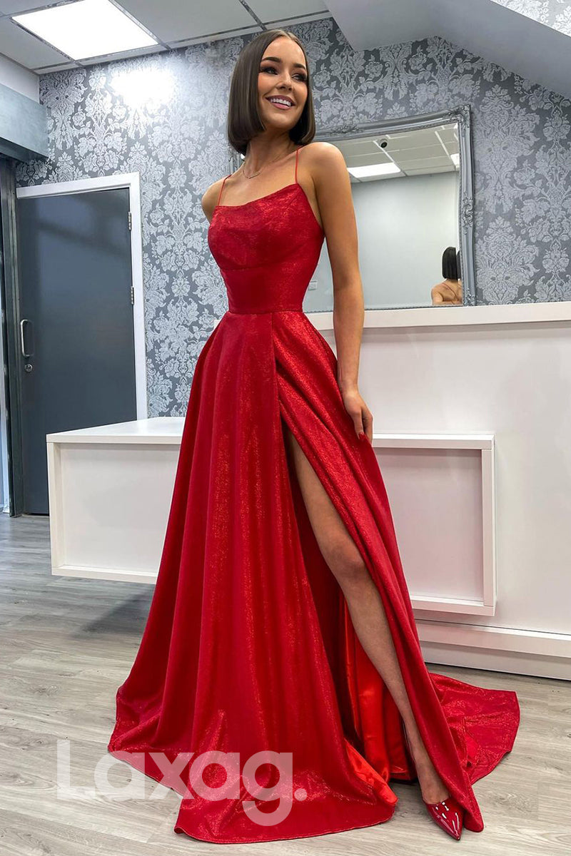 20765 - Spaghetti Straps High Split Red Prom Dress with Pockets|LAXAG