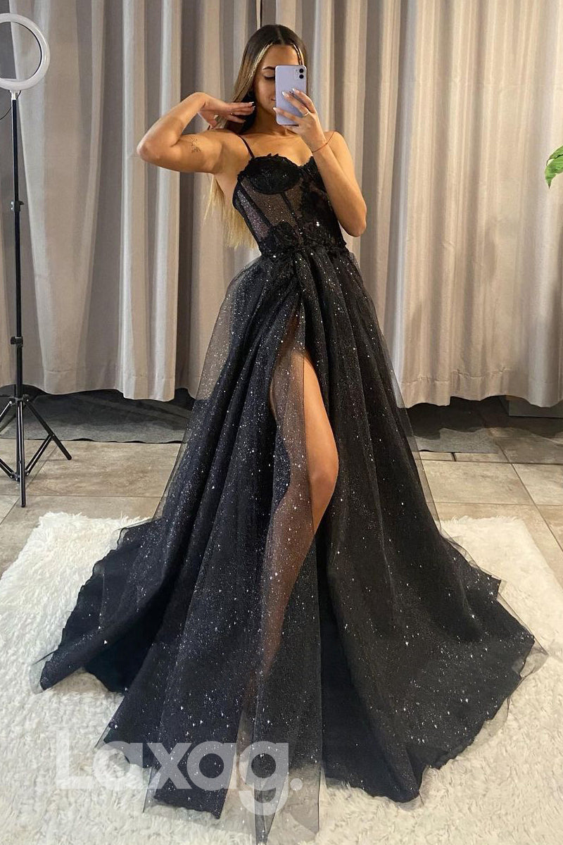 Spaghetti Glitter Bone Bodice Thigh Slit Tulle Prom Gown - Fashionpara