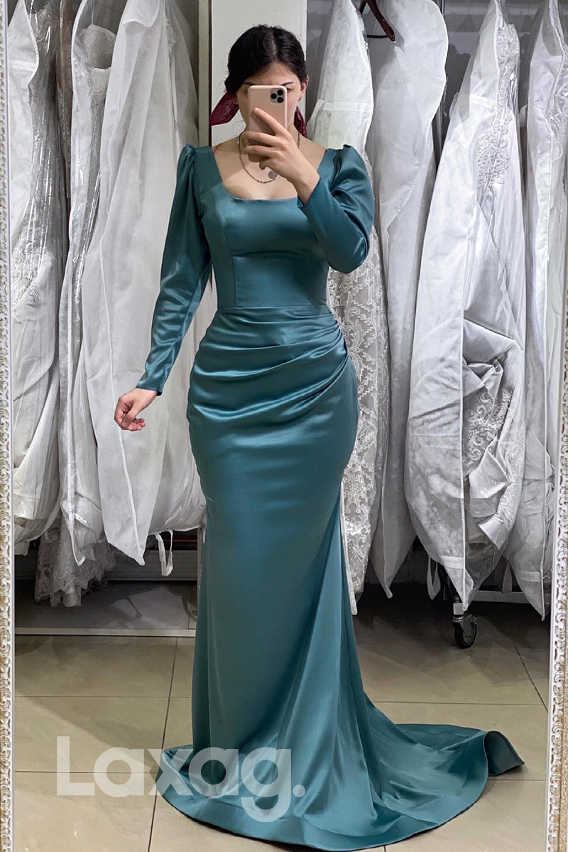 Scoop Neck Long Sleeves Pleated Prom Gown - Fashionpara