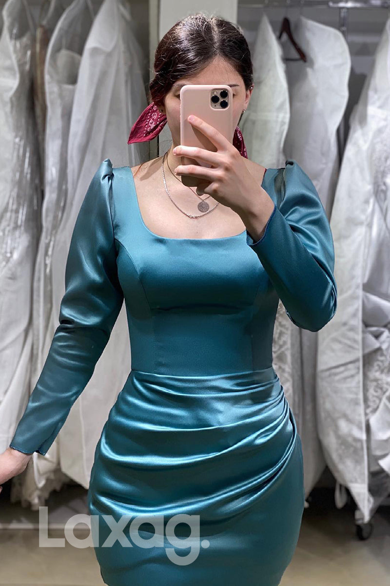 Scoop Neck Long Sleeves Pleated Prom Gown - Fashionpara