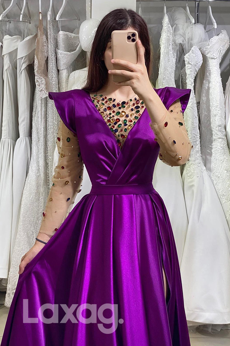 Diamond Illusion V-Neck Long Sleeves Prom Gown with Slit - Fashionpara