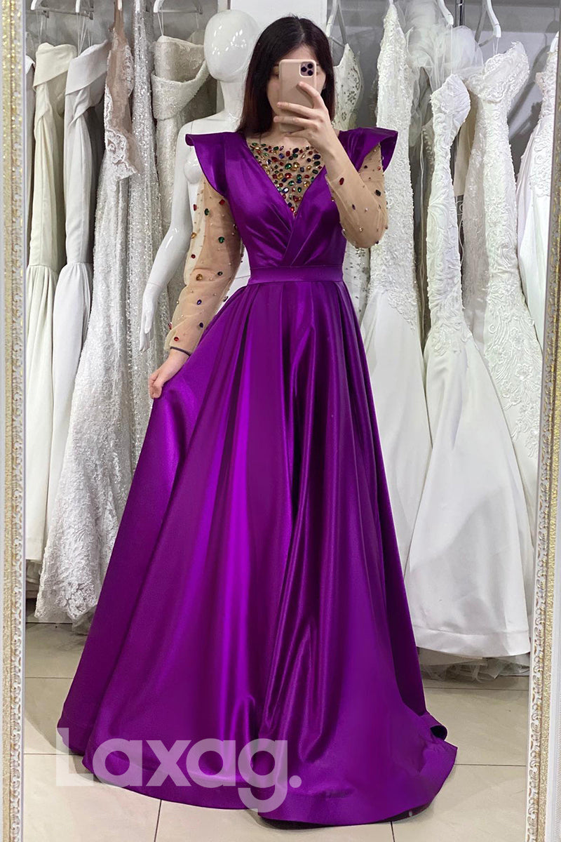 Diamond Illusion V-Neck Long Sleeves Prom Gown with Slit - Fashionpara