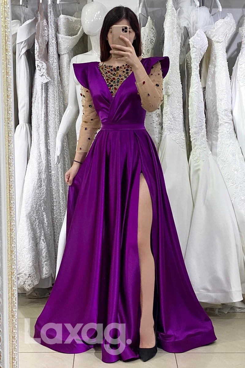 Diamond Illusion V-Neck Long Sleeves Prom Gown with Slit - Fashionpara