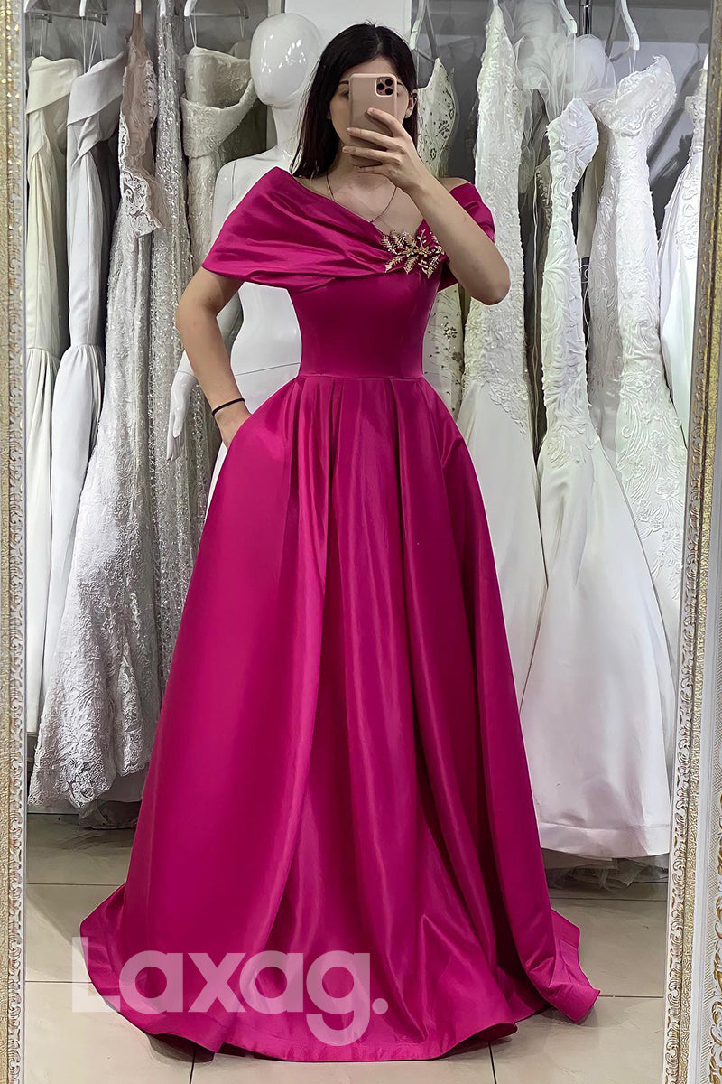Off Shoulder V Neck Simple Satin Rosy Pink Prom Gown - Fashionpara