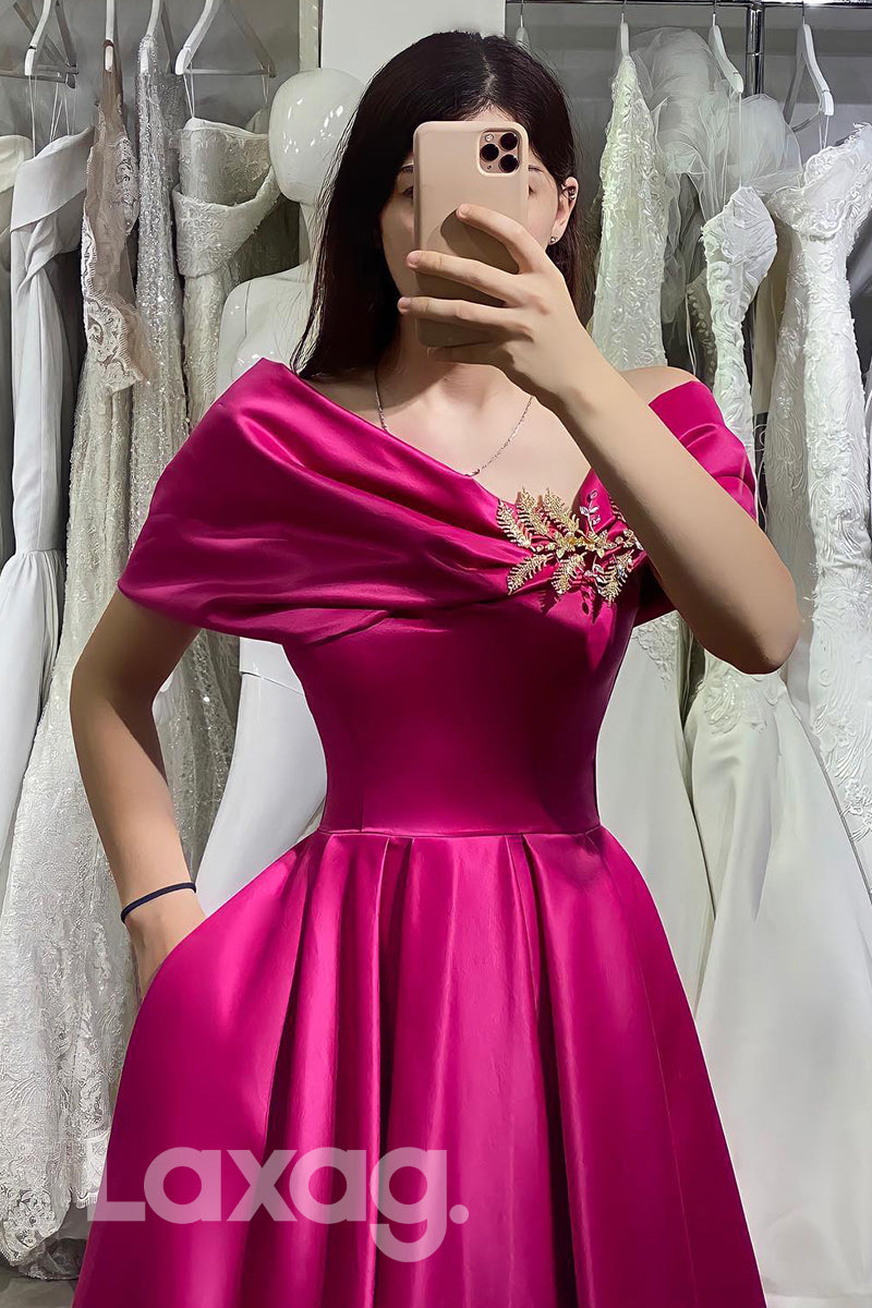 Off Shoulder V Neck Simple Satin Rosy Pink Prom Gown - Fashionpara
