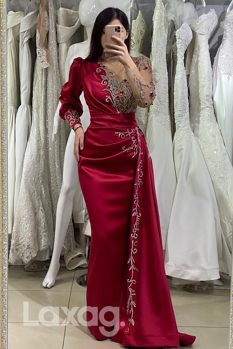 Floral Beading Long Sleeves Pleated Prom Gown - Fashionpara