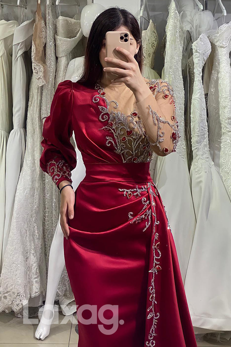 Floral Beading Long Sleeves Pleated Prom Gown - Fashionpara