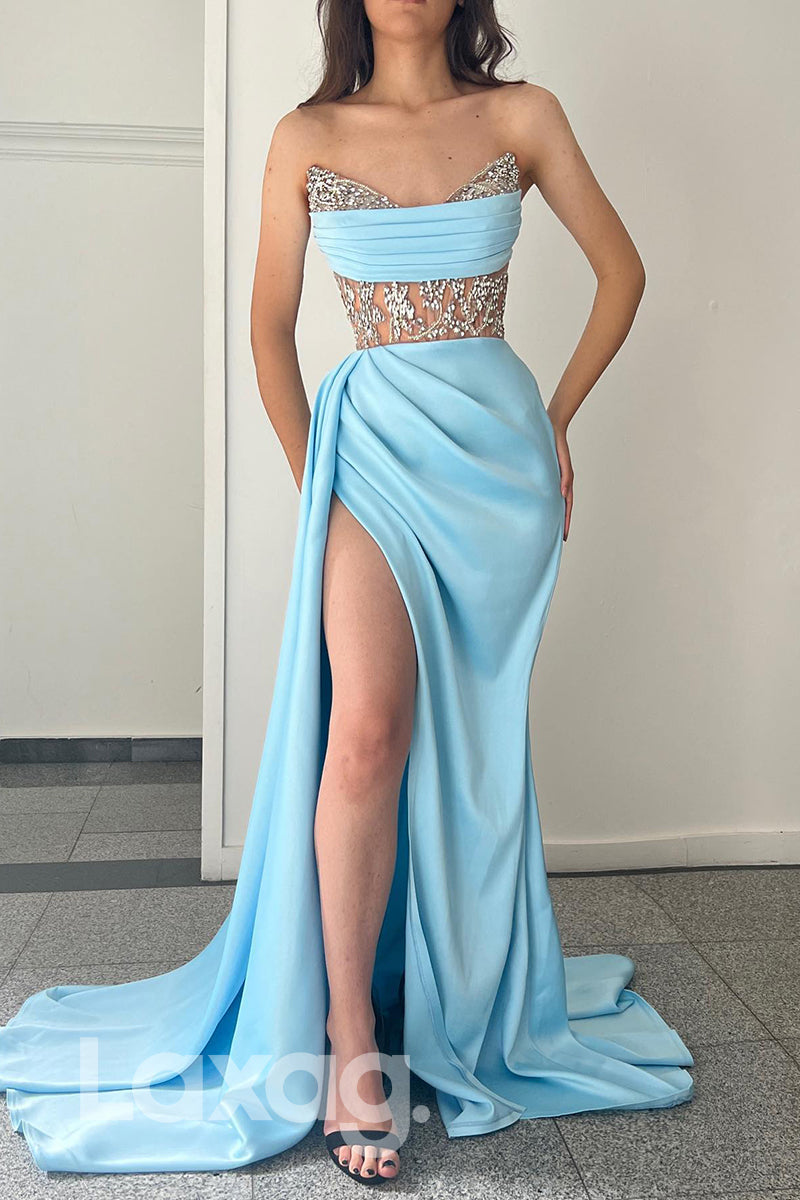Strapless Beaded Pleated Thigh Slit Satin Prom Dress - Fashionpara
