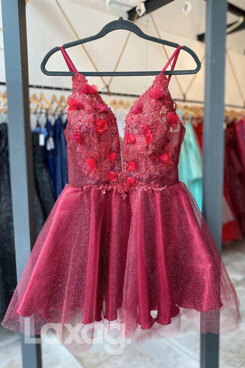 21758 - Plunging V-Neck 3D Appliques Burgundy Prom Dress