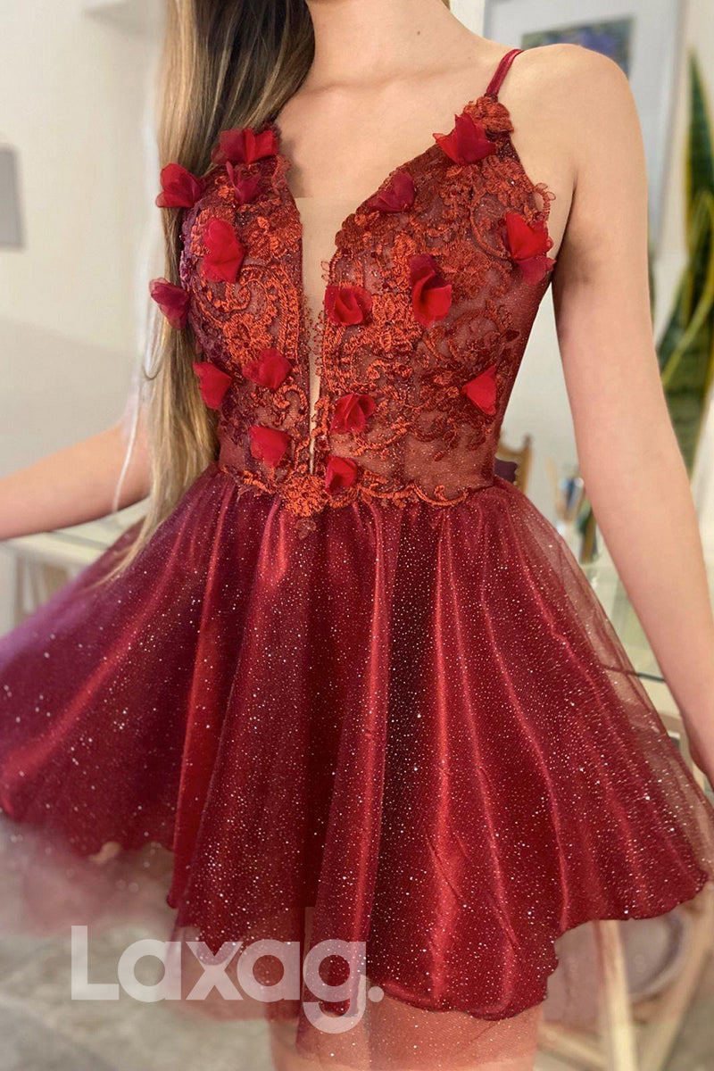 21758 - Plunging V-Neck 3D Appliques Burgundy Prom Dress