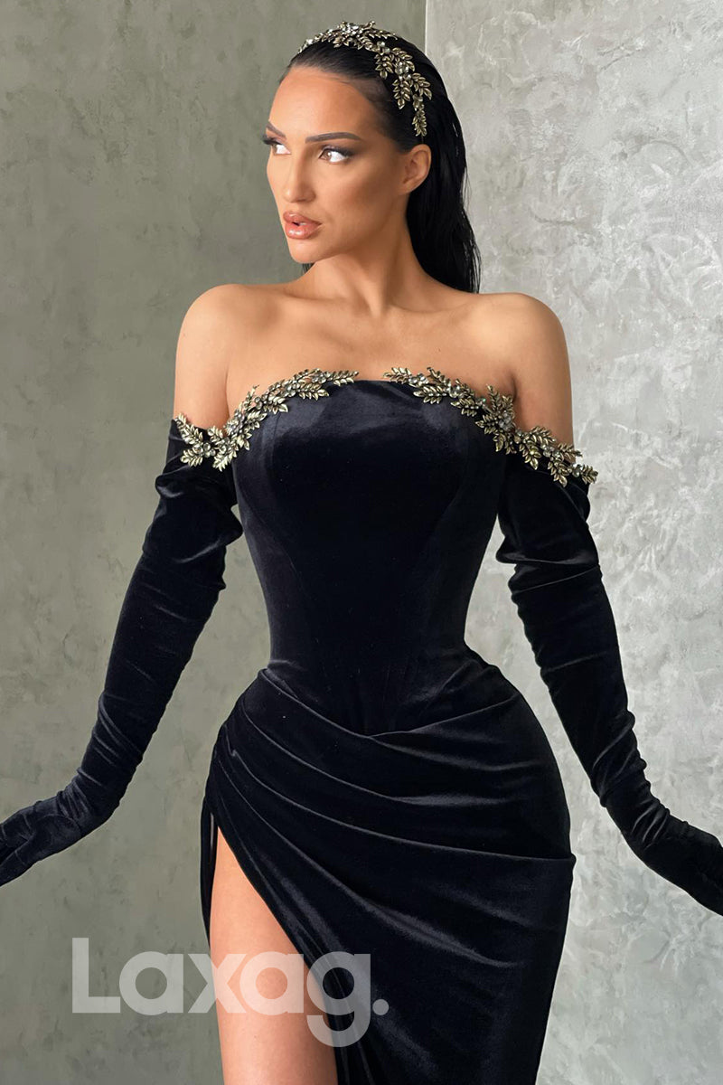 21785 - Off Shoulder Thigh Slit Velvet Prom Dress With Gloves
