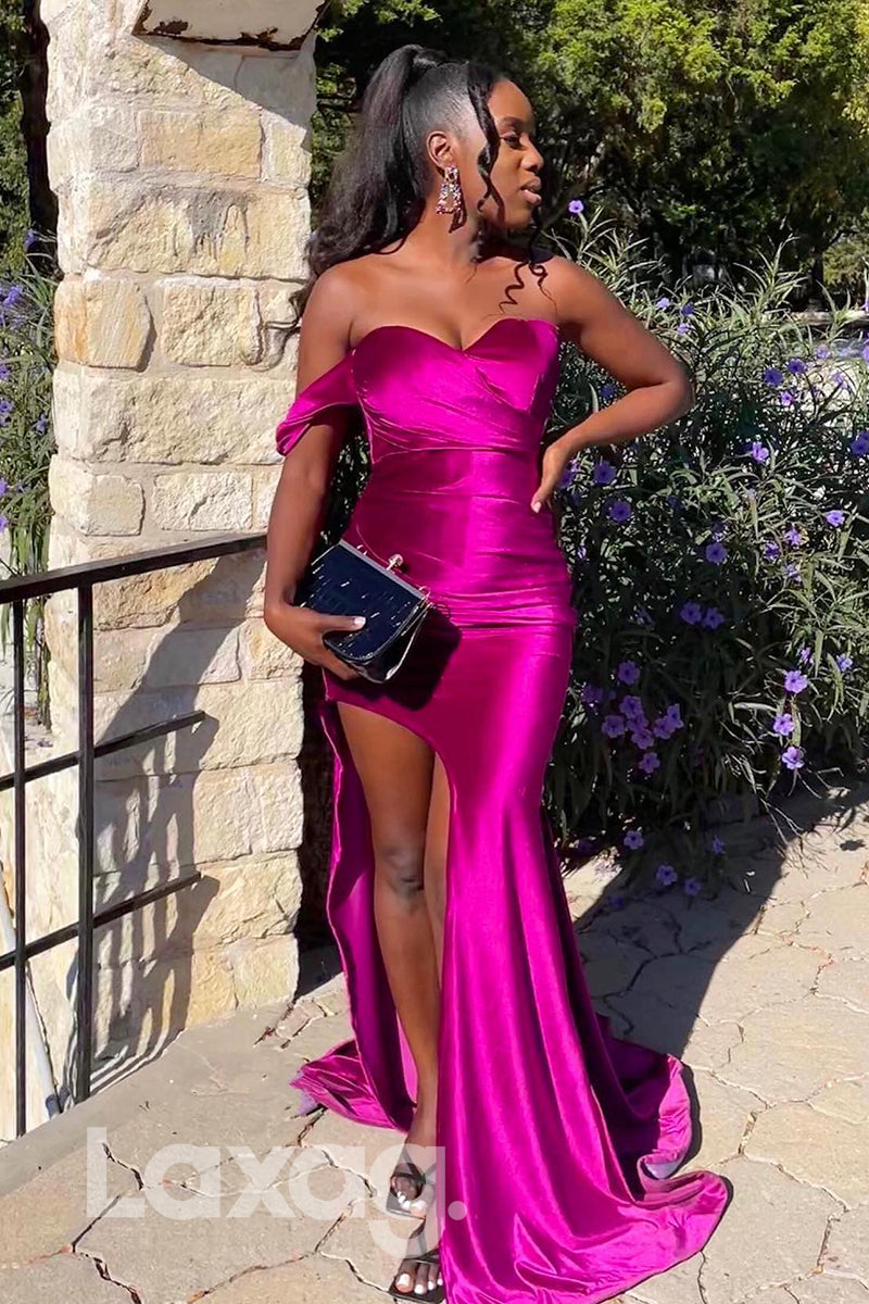 21798 - Off Shoulder Sleeveless Rosy Pink Thigh Slit Prom Dress