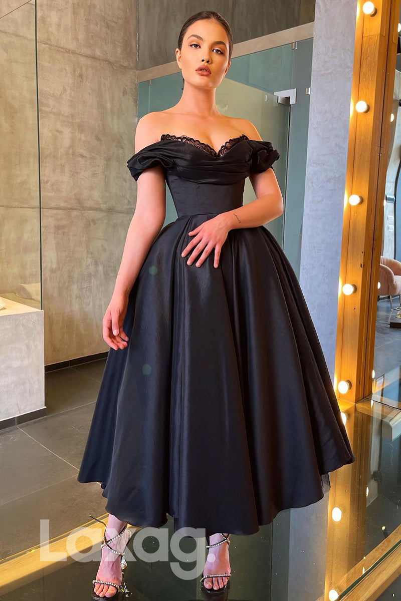 Off Shoulder Open Back A-Line Ankle Length Black Prom Dress - Fashionpara